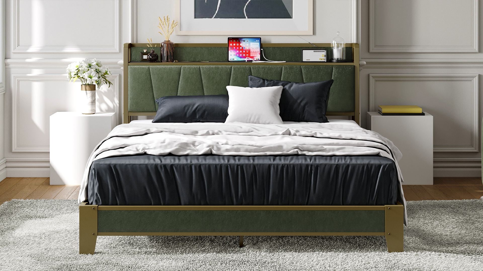 Amazon.com: LIKIMIO Queen Bed Frame, Storage Headboard with